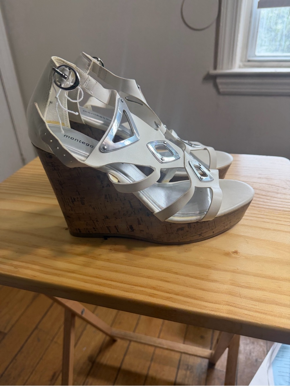 Montego Bay Club White Strappy Cork Wedge Sandals with Silver Accents
